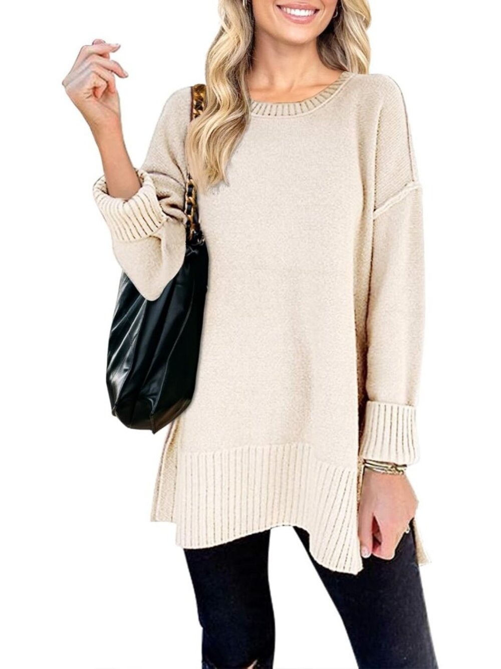 Women's Beige Fall Winter Oversized Casual Pullover Tunic Long Sleeves Sweater